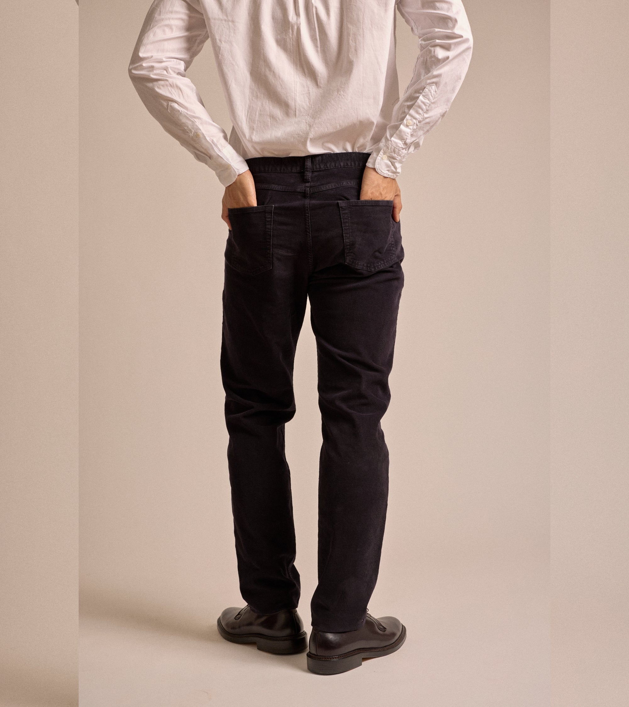 Trunk Dean corduroy 5-pocket trousers in navy, styled shot.