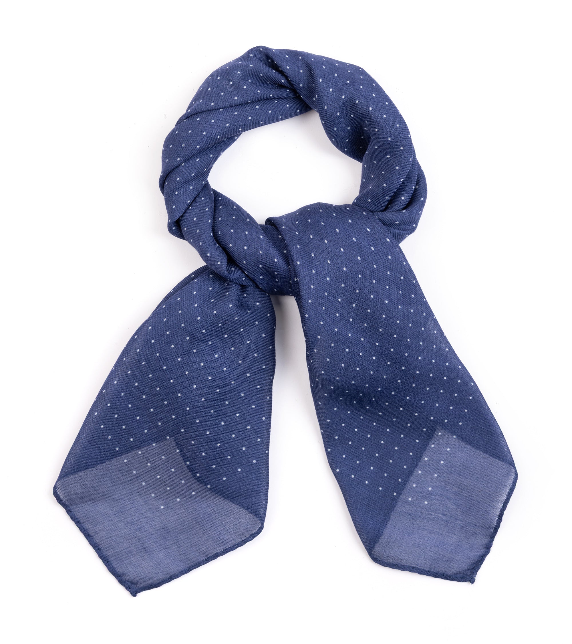 A blue scarf with a delicate white polka dot pattern, styled in a loop with two hanging ends on a plain white background.