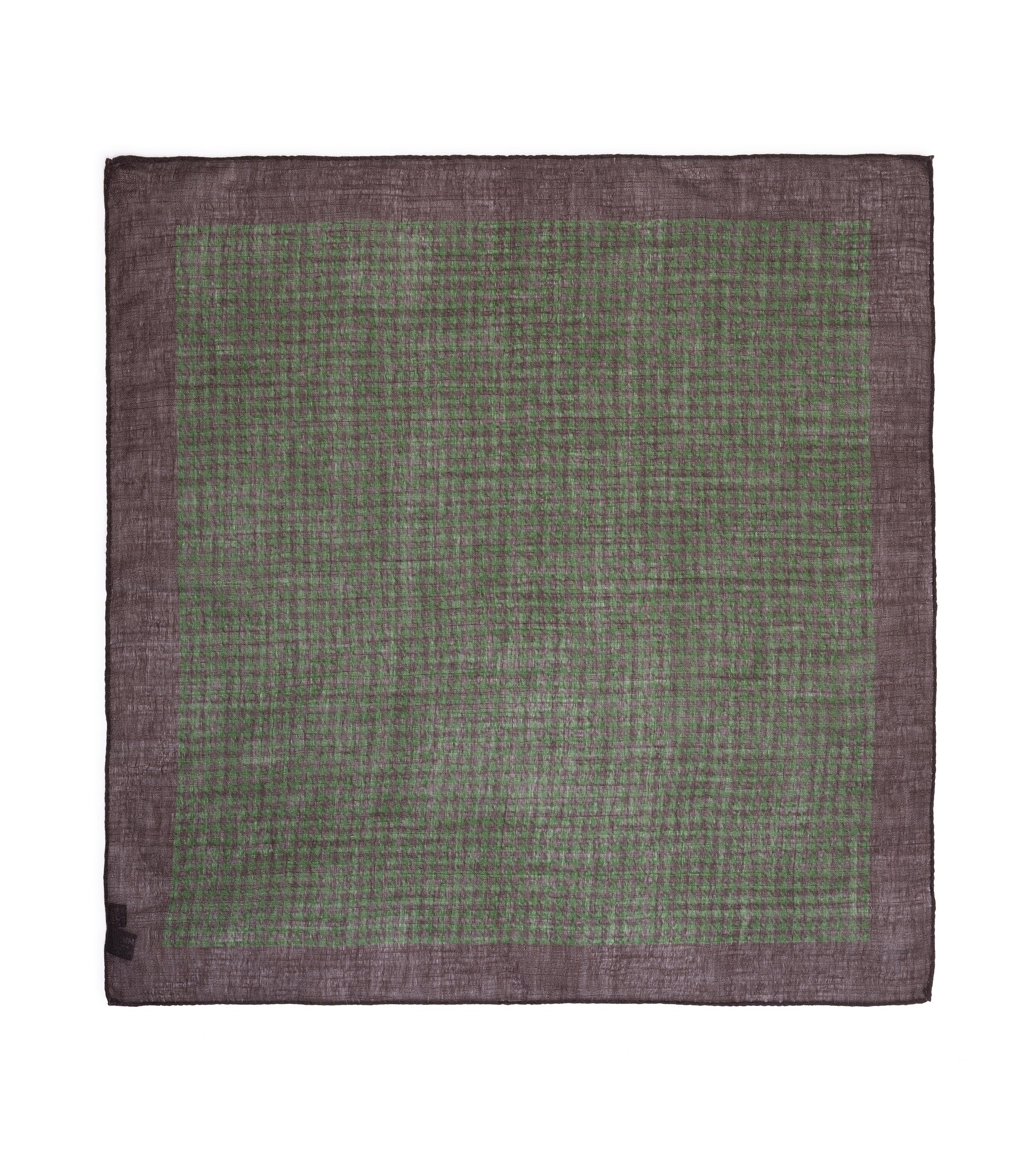 A square woven scarf or pocket square with a textured olive green center and a contrasting brown border, shown flat against a plain white background.