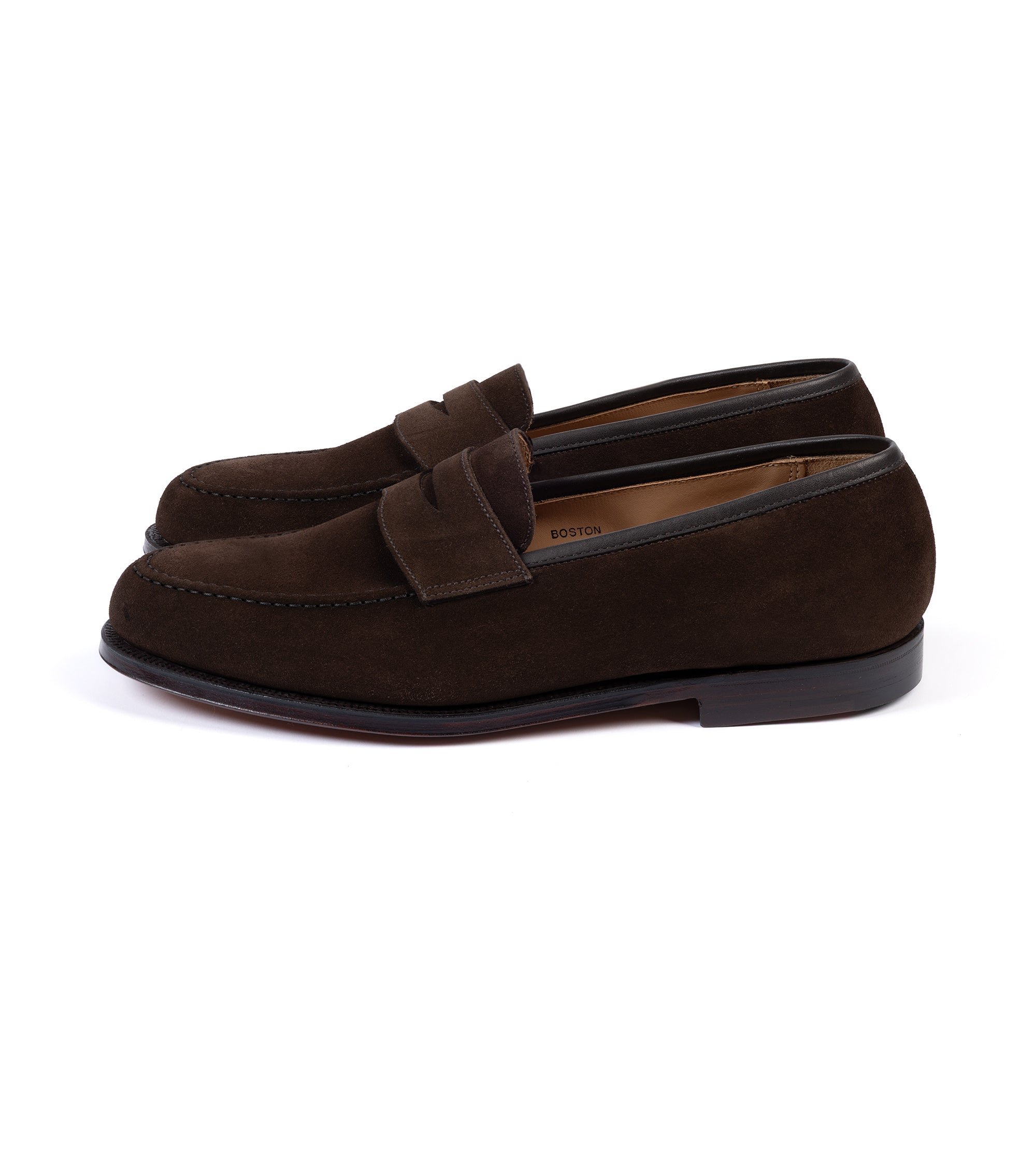 Crockett & Jones Boston loafer in dark brown suede, side view.