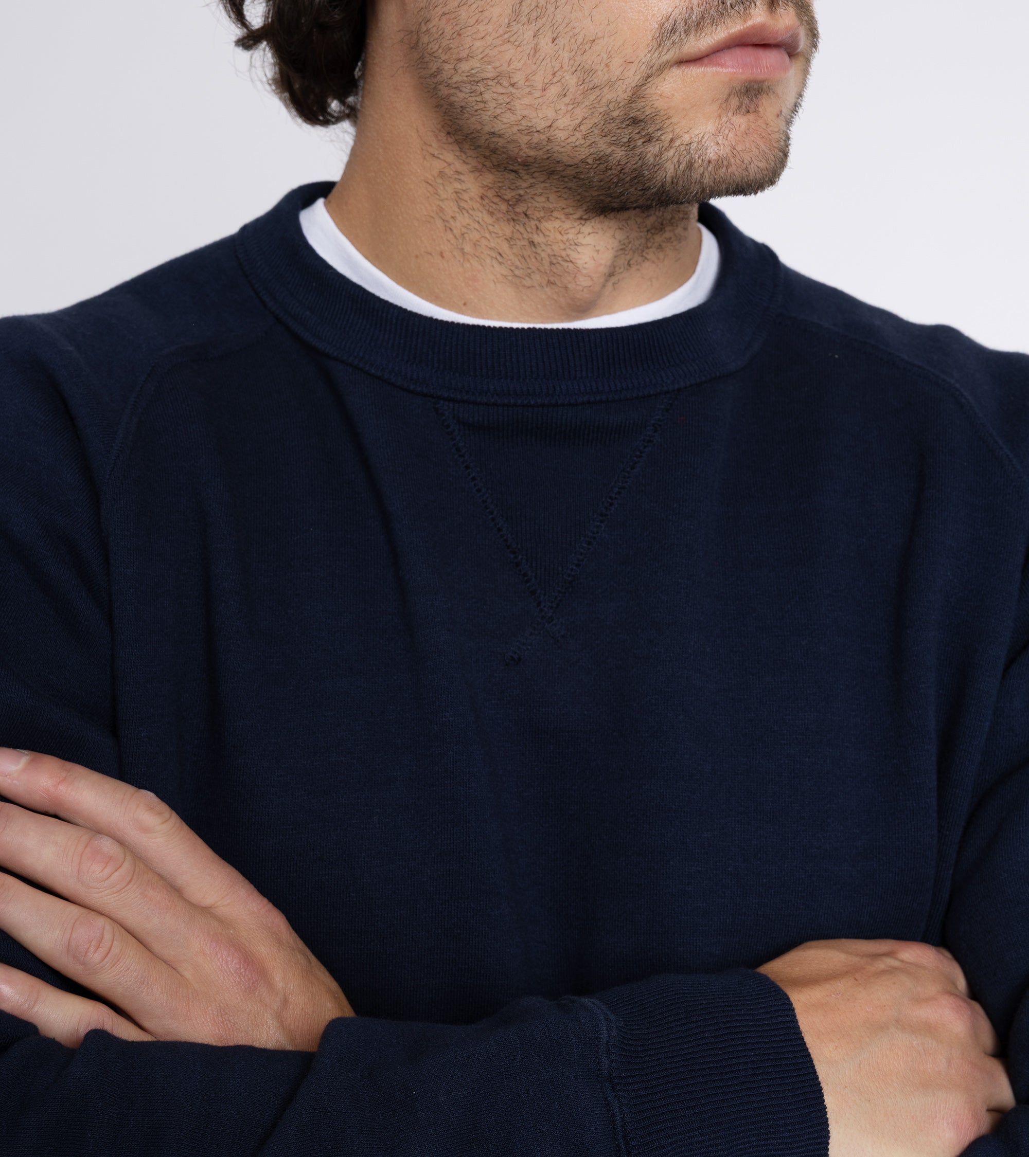 Sunray Sportswear Puamana raglan cotton sweatshirt in dark navy, fabric detail.