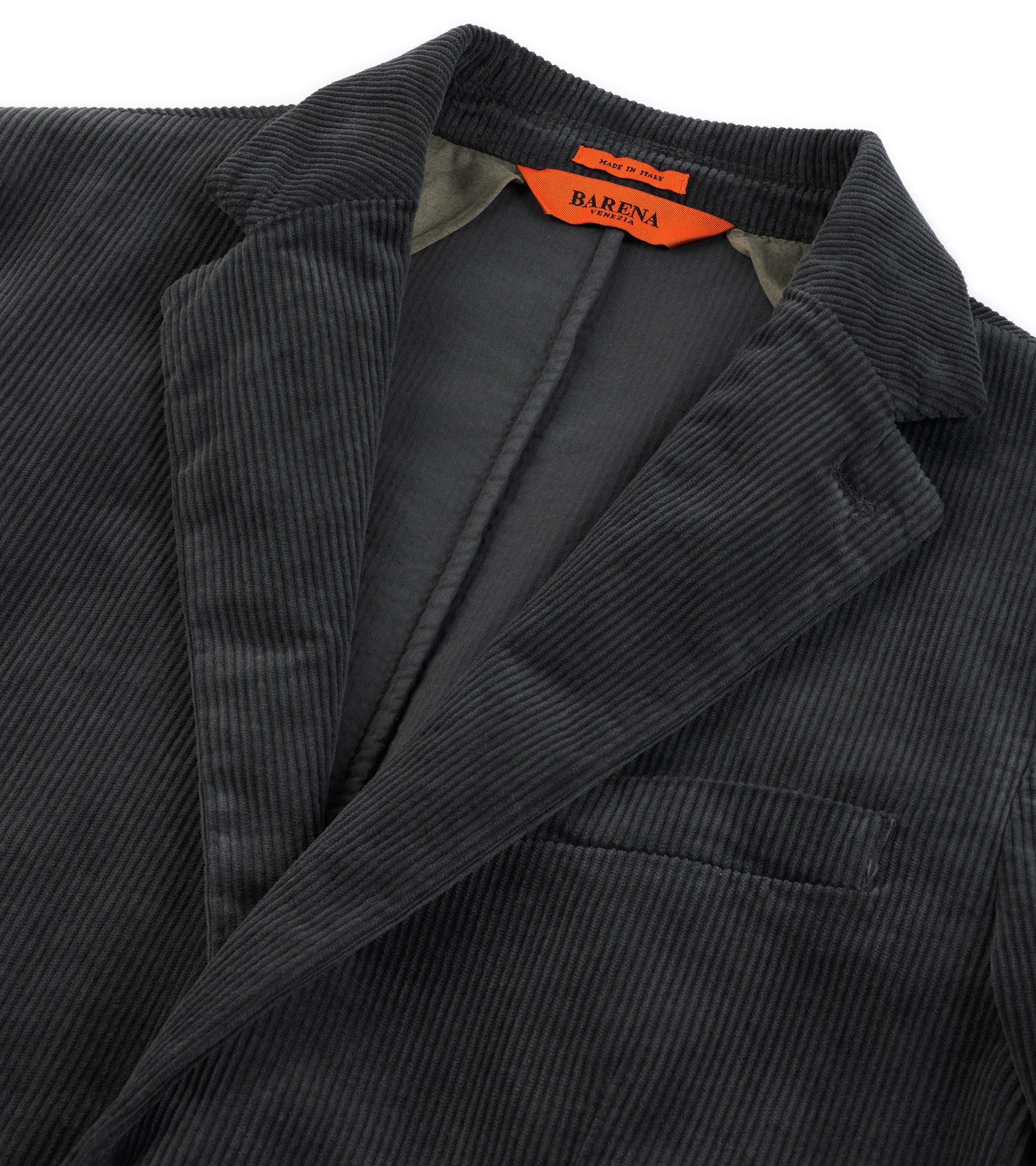 Barena corduroy blazer jacket in dark grey, close-up of the collar and detail of the corduroy fabric