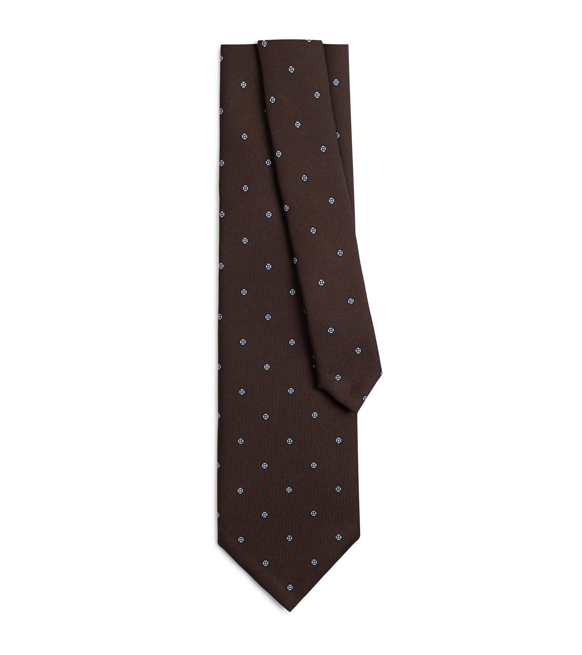 A brown necktie with a small repeating pattern of tiny light blue flowers, displayed flat against a solid white background.