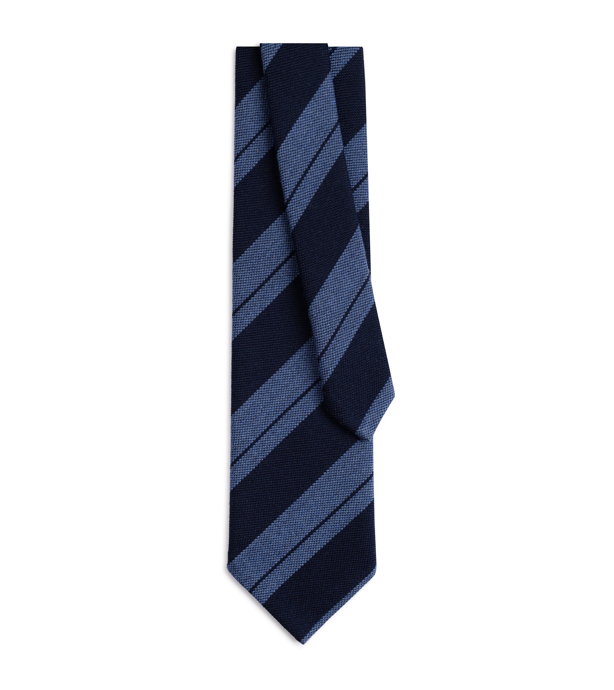 A classic necktie with diagonal stripes in navy blue and slate blue, shown folded on a solid white background.