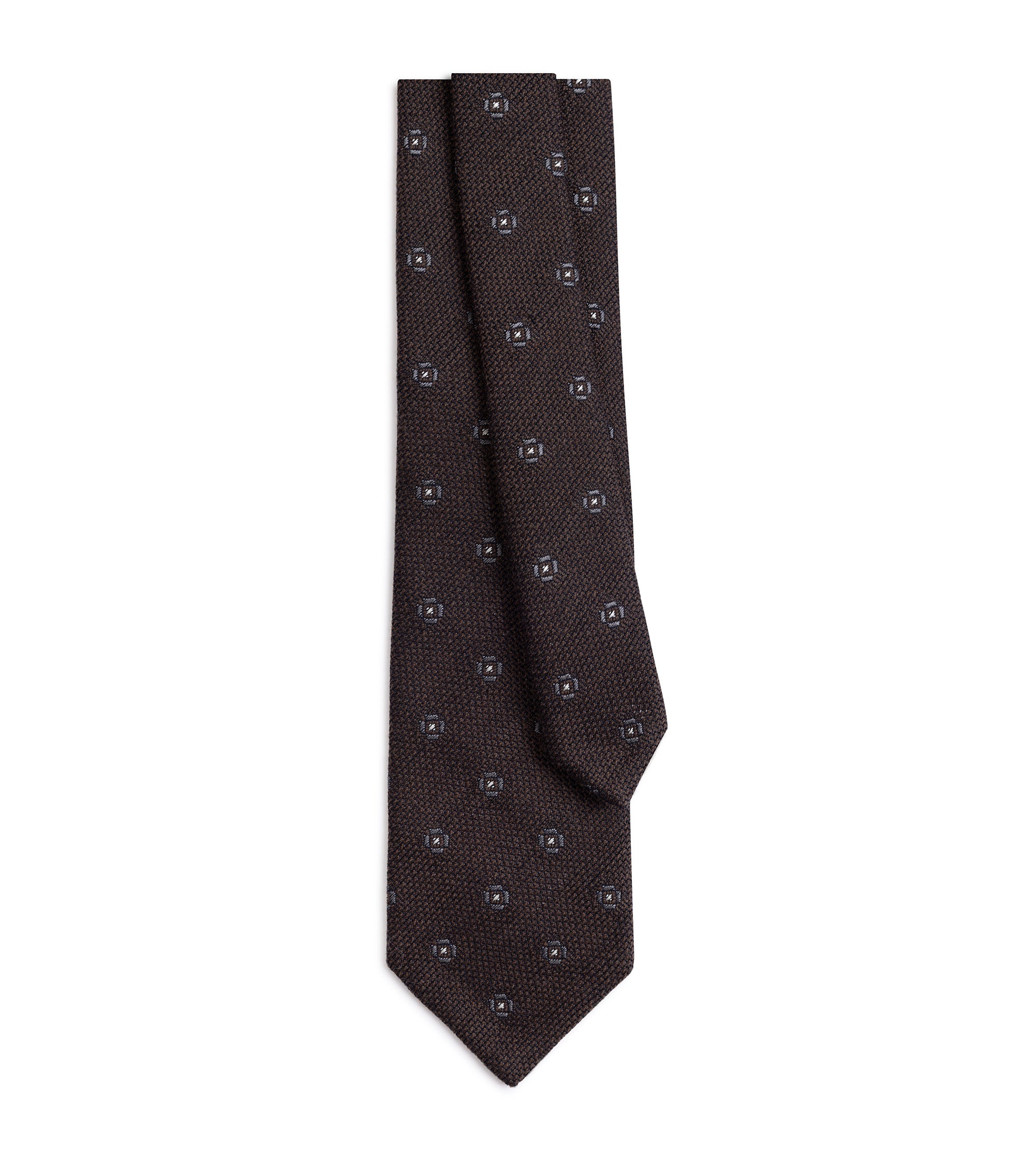 A dark brown silk necktie with a small repeating geometric pattern, displayed flat against a solid white background.