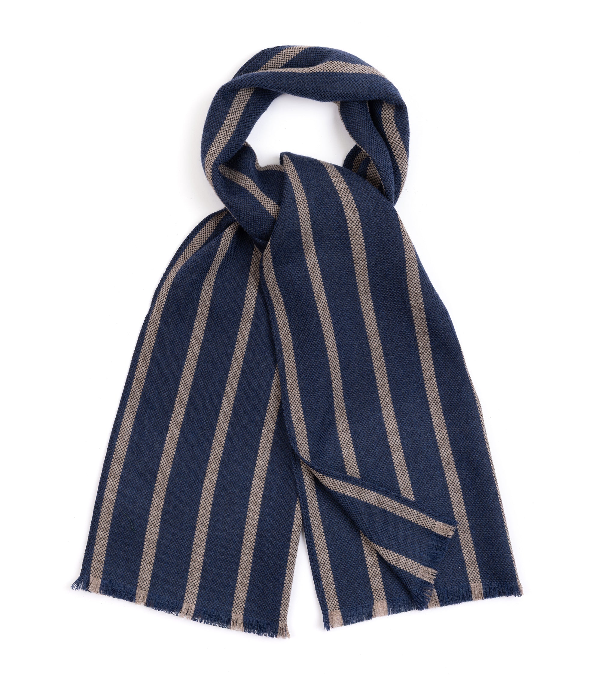 A dark blue scarf with vertical beige stripes, styled in a loop at the top with frayed edges, shown on a plain white background.