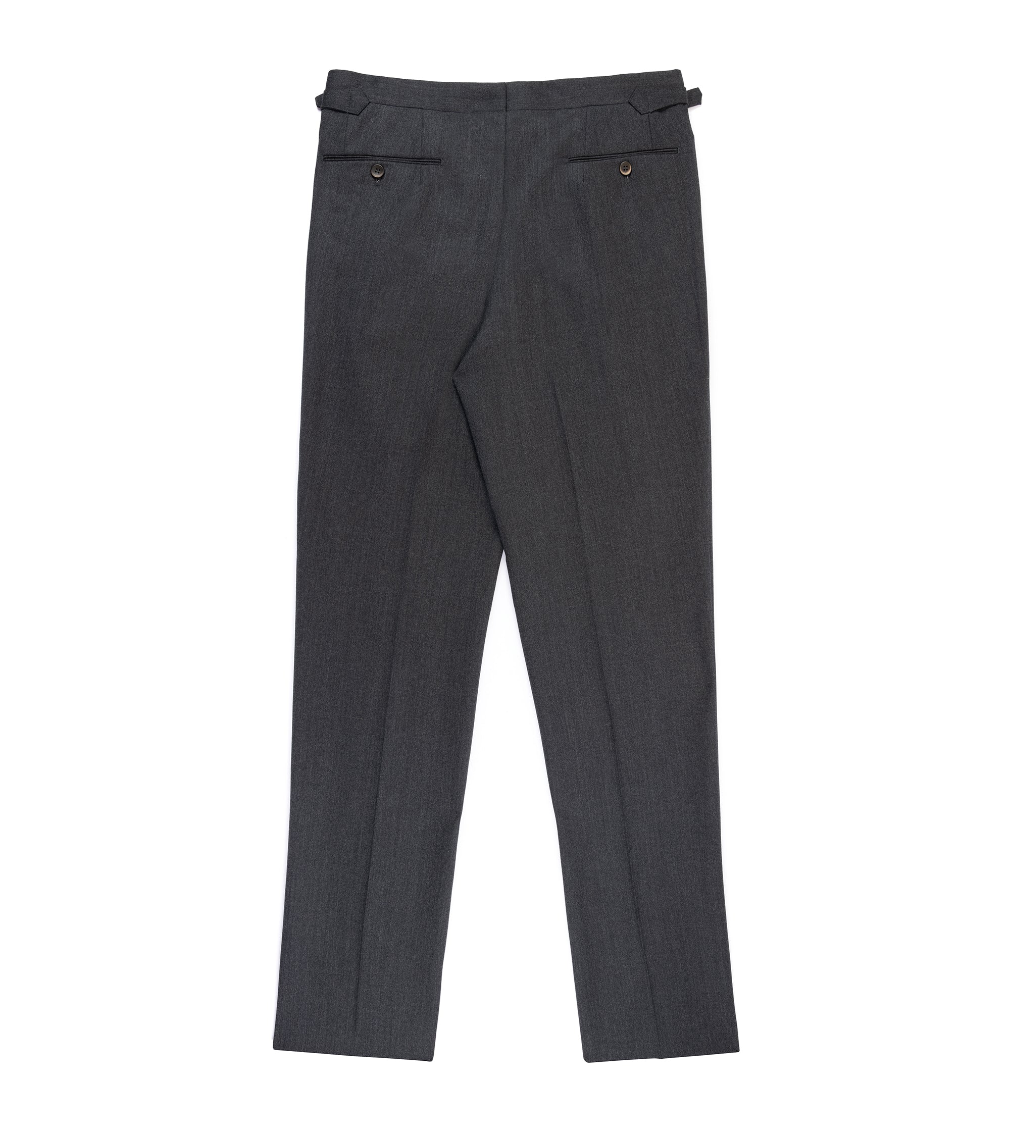 Echizenya for Trunk wool serge pleated trousers in charcoal, close-up of the pleat and pocket.