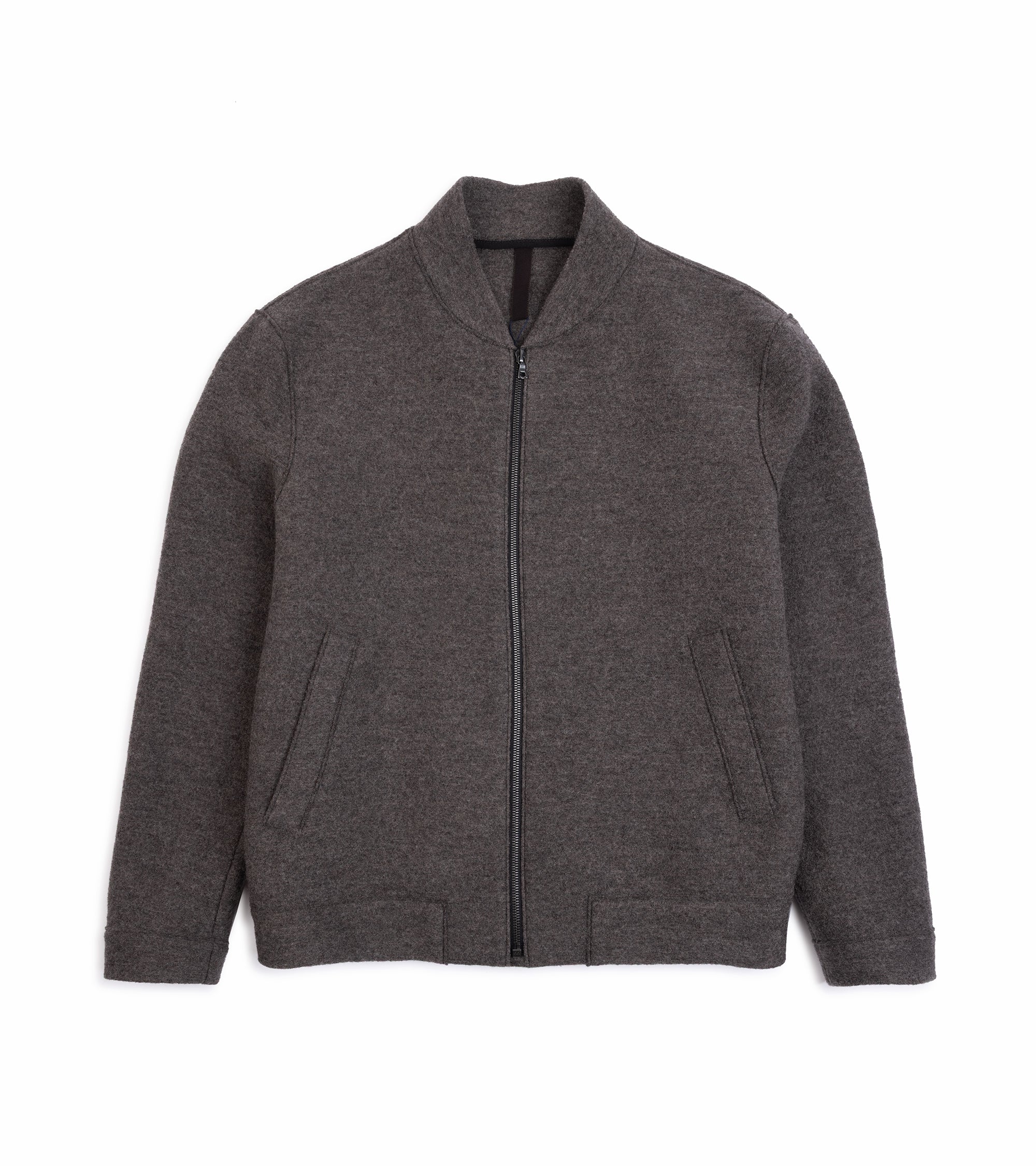 A brown gray zip-up jacket with a stand-up collar, long sleeves, and two front hand pockets, shown flat against a white background.