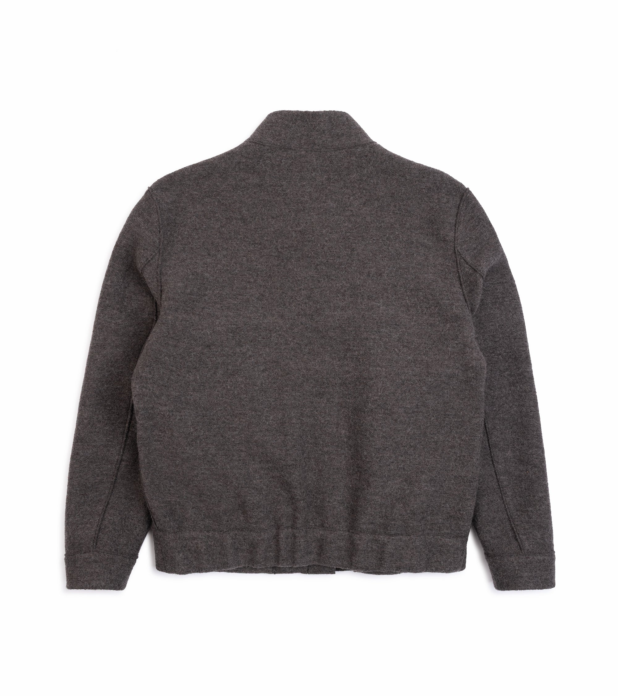 A brown gray jacket shown from the back, featuring a high collar and long sleeves, laid flat against a solid white background.