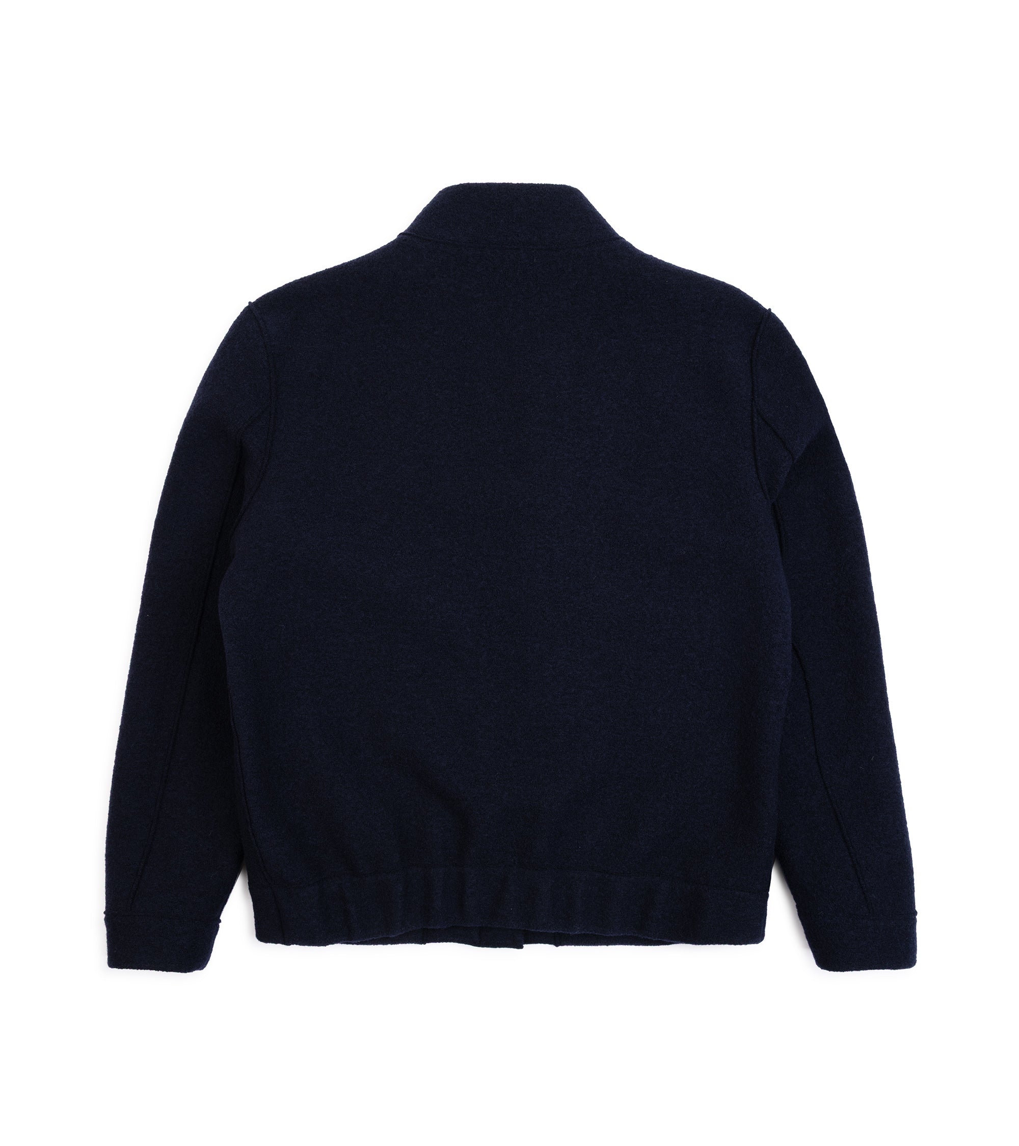 A dark navy blue jacket shown from the back, featuring a high collar and long sleeves, laid flat against a solid white background.