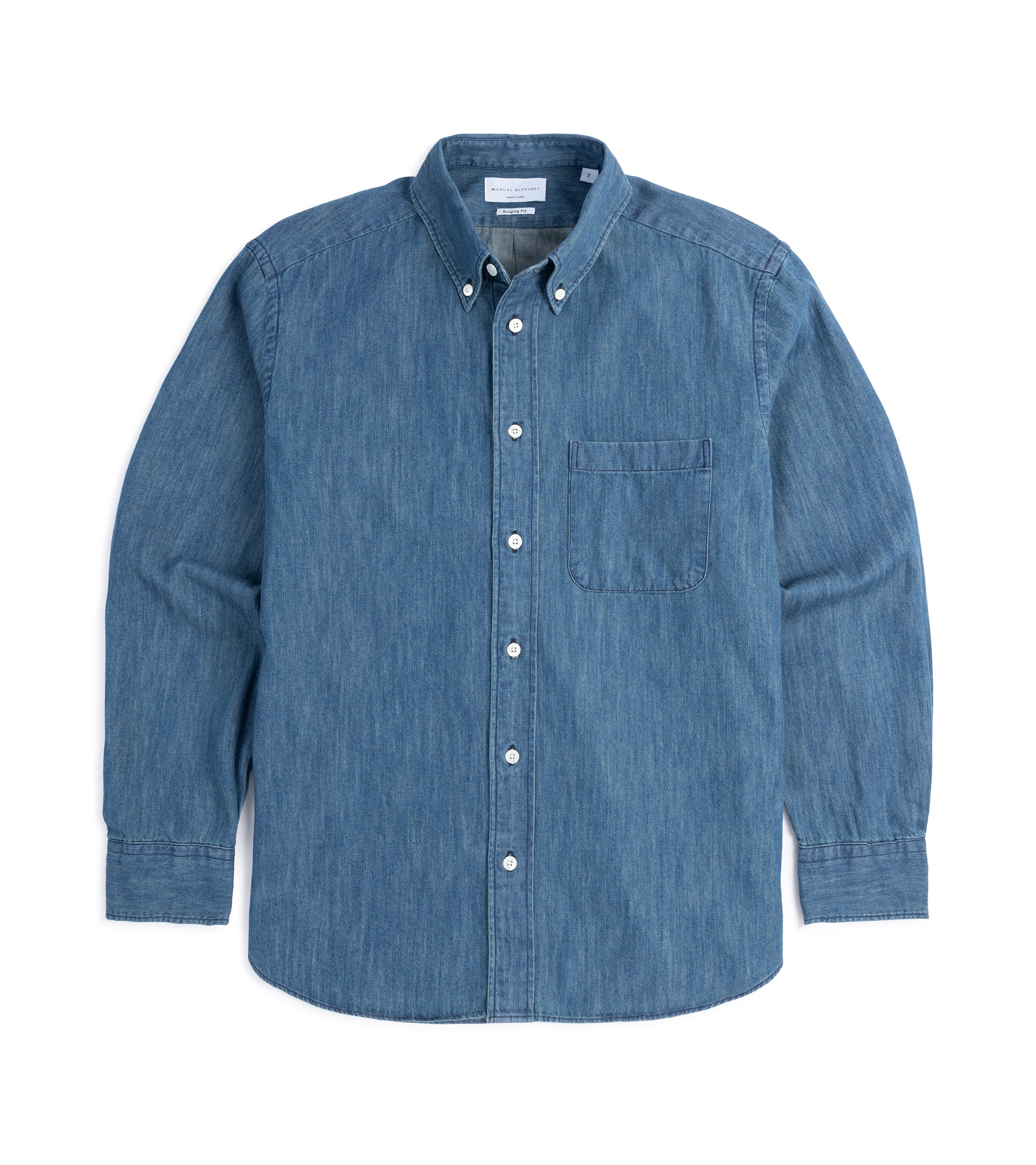 Manual Alphabet button-down shirt in navy 6oz Japanese denim, front view.