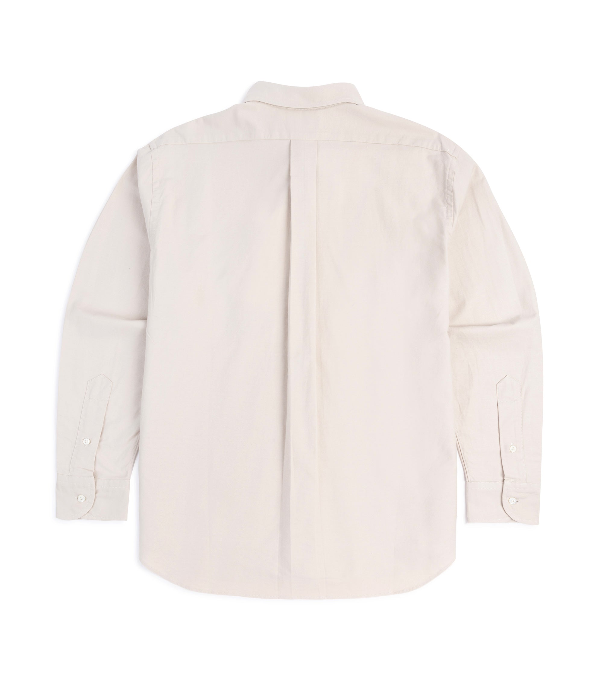 Manual Alphabet button-down shirt in ivory Supima cotton Oxford, close-up of the collar and button placket.