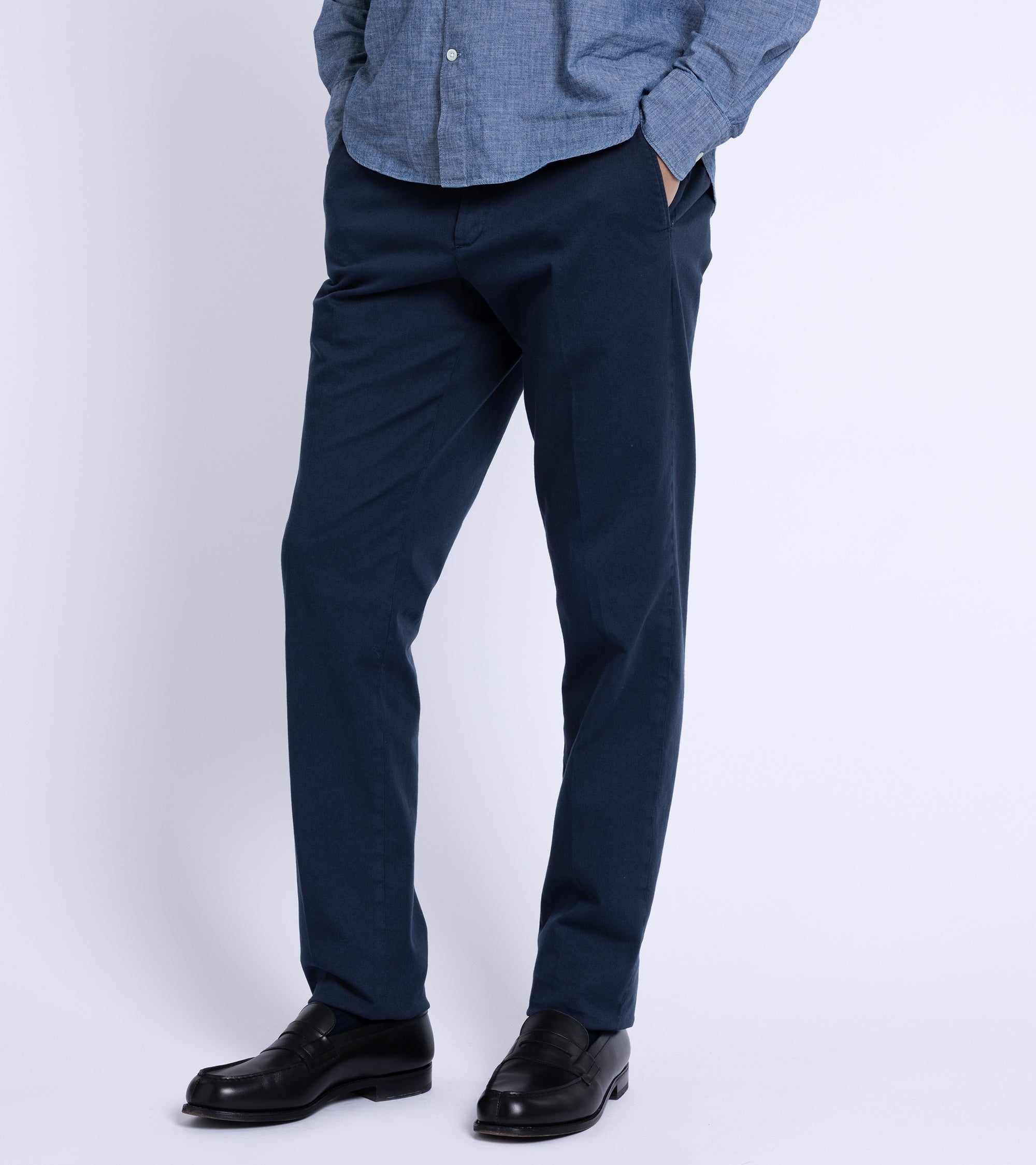 Trunk Palmer flat front trousers in light navy, styled shot.