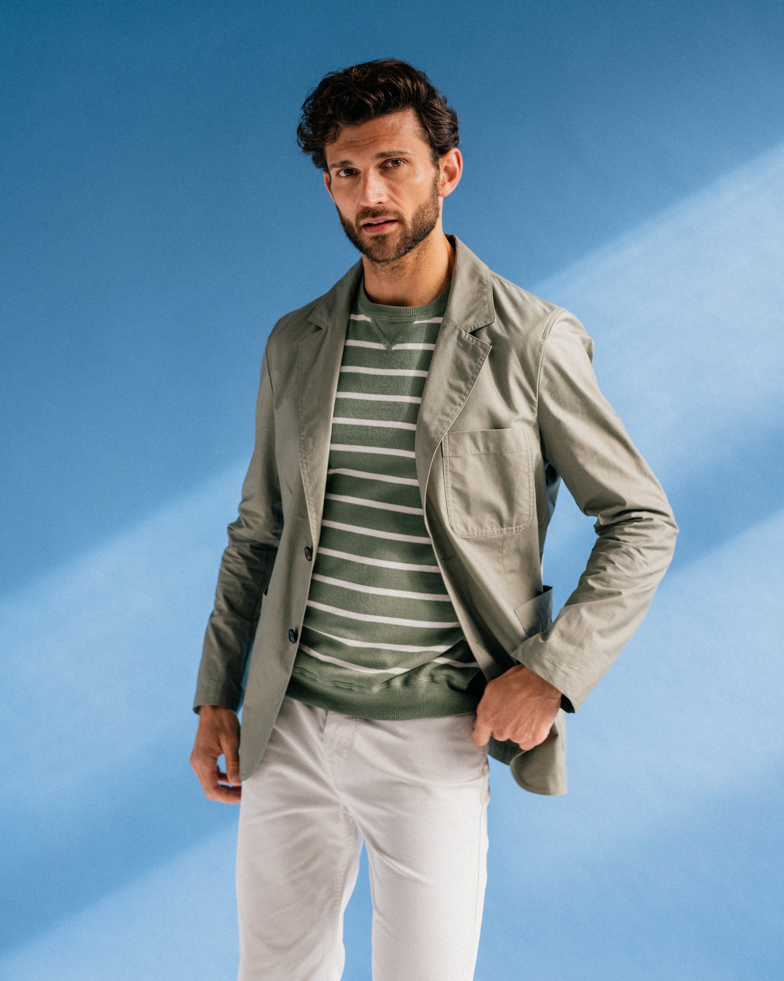 Trunk Marsham Cotton Cashmere Stripe Sweatshirt: Sage Green/Ecru - Trunk Clothiers